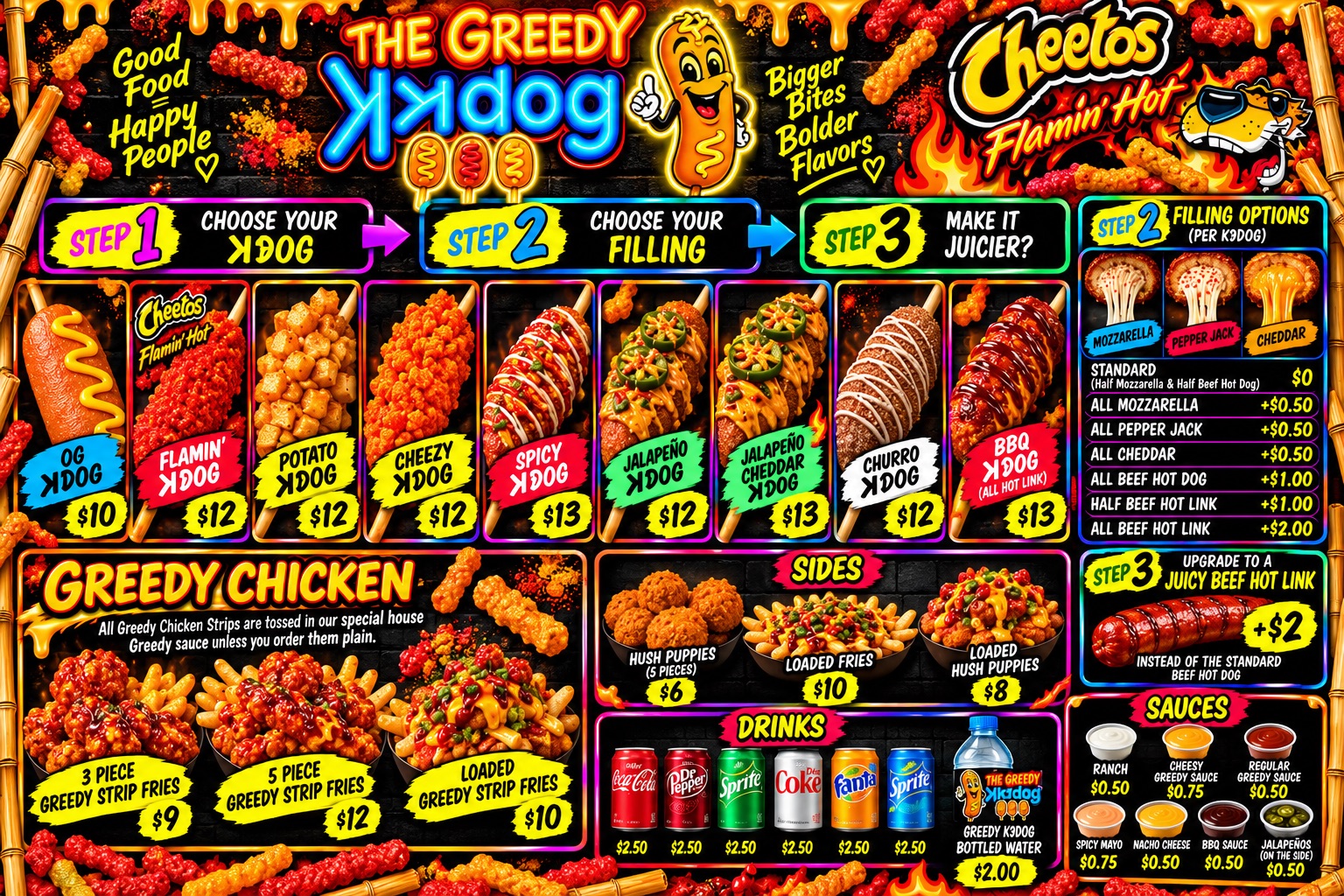 The Greedy ꓘorndog colorful food truck menu